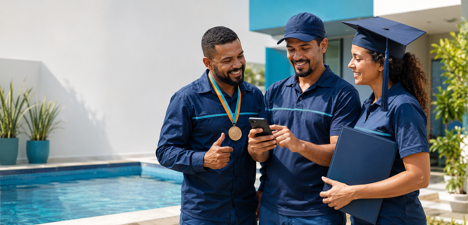 Profissionais de piscinas conectados pelo aplicativo, celebrando aprendizado e conquistas