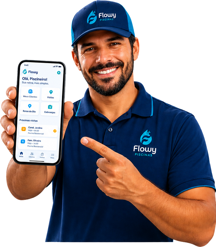 Piscineiro uniformizado apresentando o aplicativo Flowy Piscinas